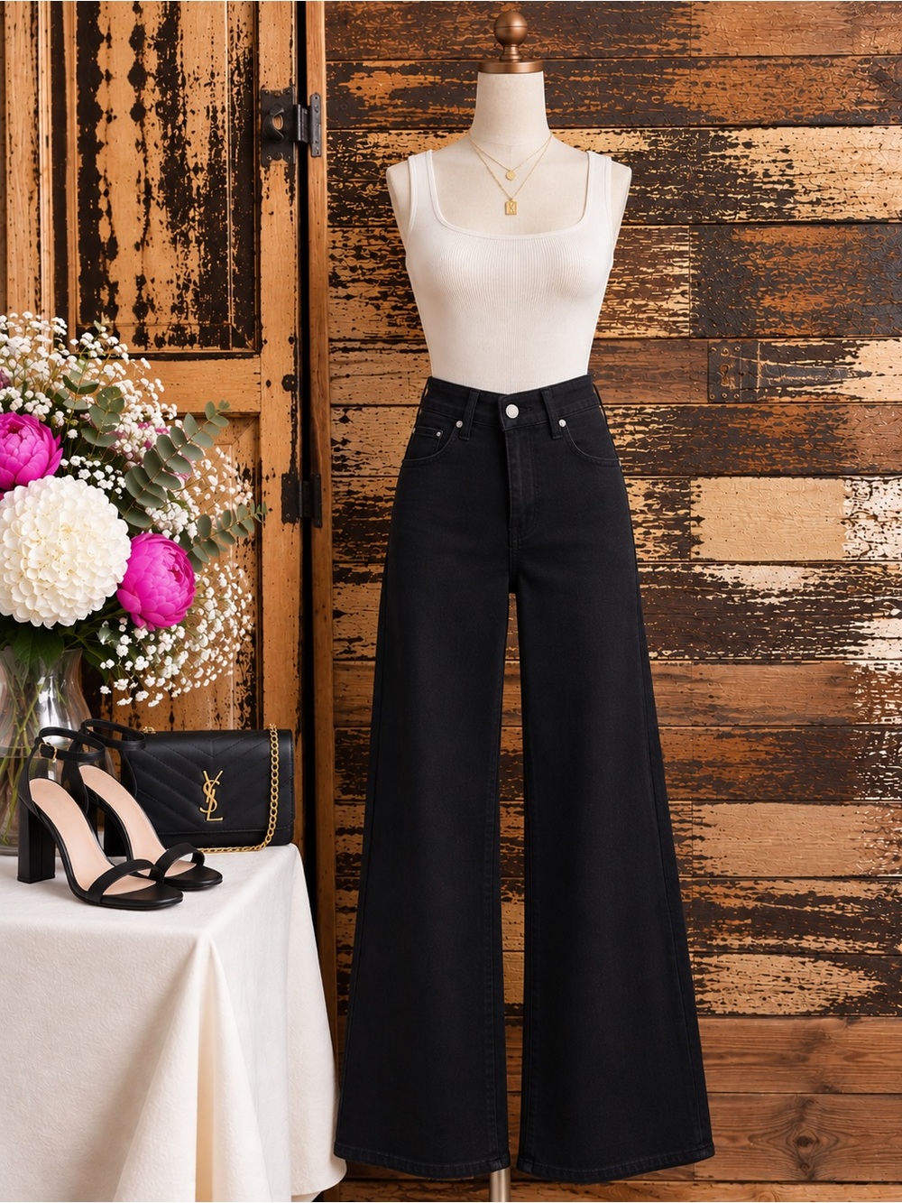 Risen Black Crossover Waist Wide Leg Jeans | High Rise Stretch Denim | Size 28